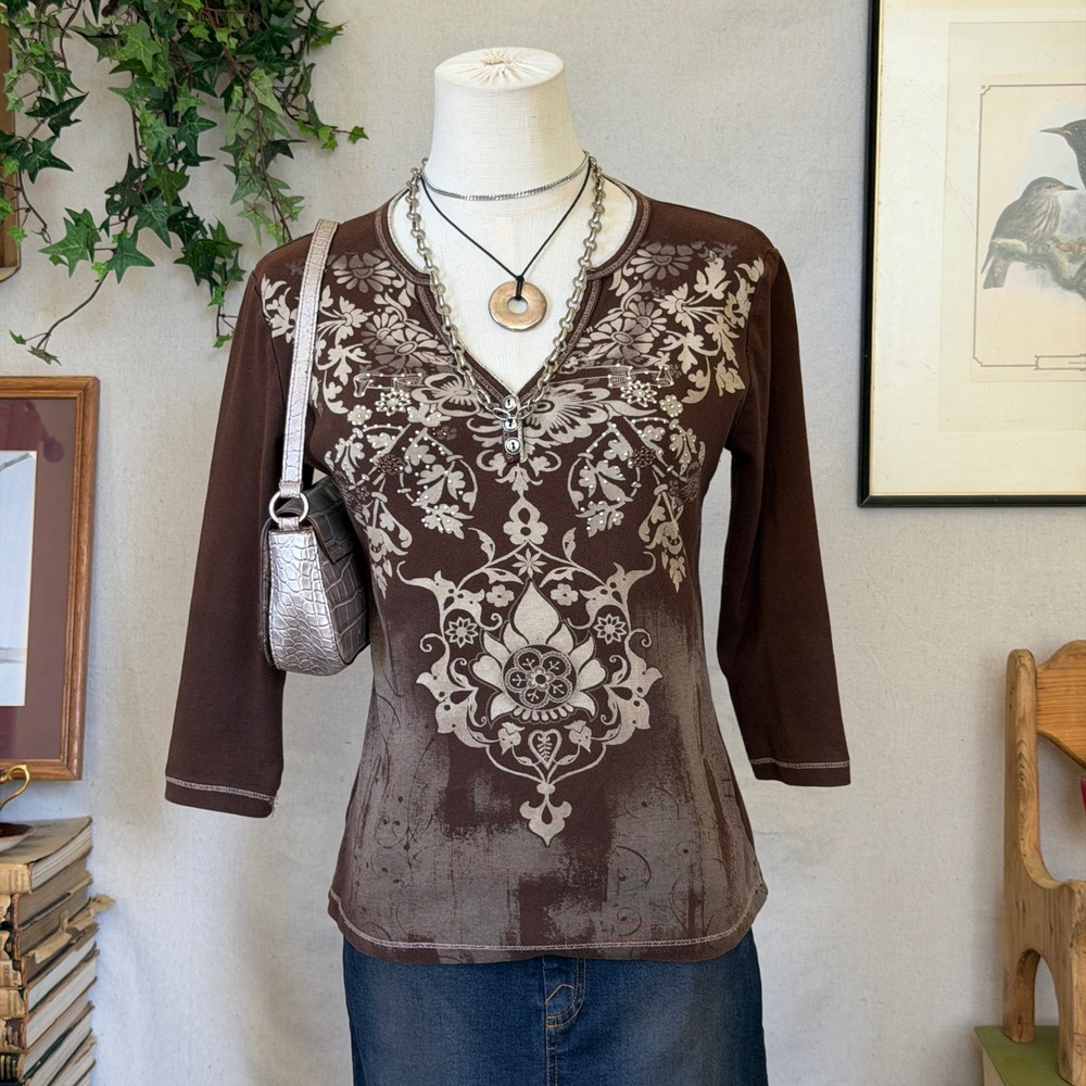 Brown Graphic Cotton Shirt Floral Rhinestone Whimsygoth Boho M Fairy Grunge